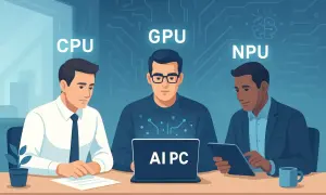 Trzech mężczyzn przy stole, symbolizujących CPU, GPU i NPU, pracuje nad AI PC.