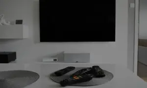 Na stole leżą piloty, a czarny ekran telewizora sugeruje, że jest brak obrazu w telewizorze.