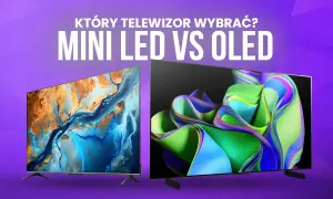 Dwa telewizory, jeden z abstrakcyjnym obrazem w odcieniach niebieskiego i pomarańczowego, drugi z kolorowymi falami. Który wybrać: oled czy mini led?