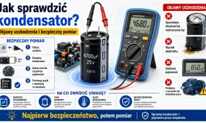 Jak sprawdzić kondensator? Ilustracja pokazuje multimetr mierzący pojemność kondensatora, obok schemat bezpiecznego pomiaru i objawy uszkodzeń.