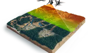 Dron z kamerą skanuje teren, tworząc mapę wysokości. To pokazuje, jak działa lidar.