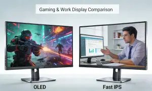 Porównanie monitorów: po lewej OLED z grą akcji, po prawej Fast IPS z pracą biurową.