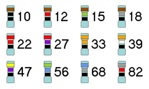Kolorowe paski na rezystorach tworzą krzyżówkę wartości. 10, 12, 15, 18, 22, 27, 33, 39, 47, 56, 68, 82.