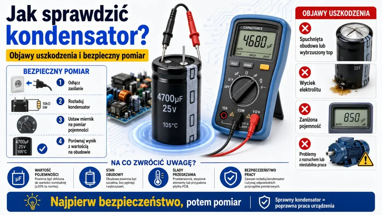 Jak sprawdzić kondensator? Ilustracja pokazuje multimetr mierzący pojemność kondensatora, obok schemat bezpiecznego pomiaru i objawy uszkodzeń.