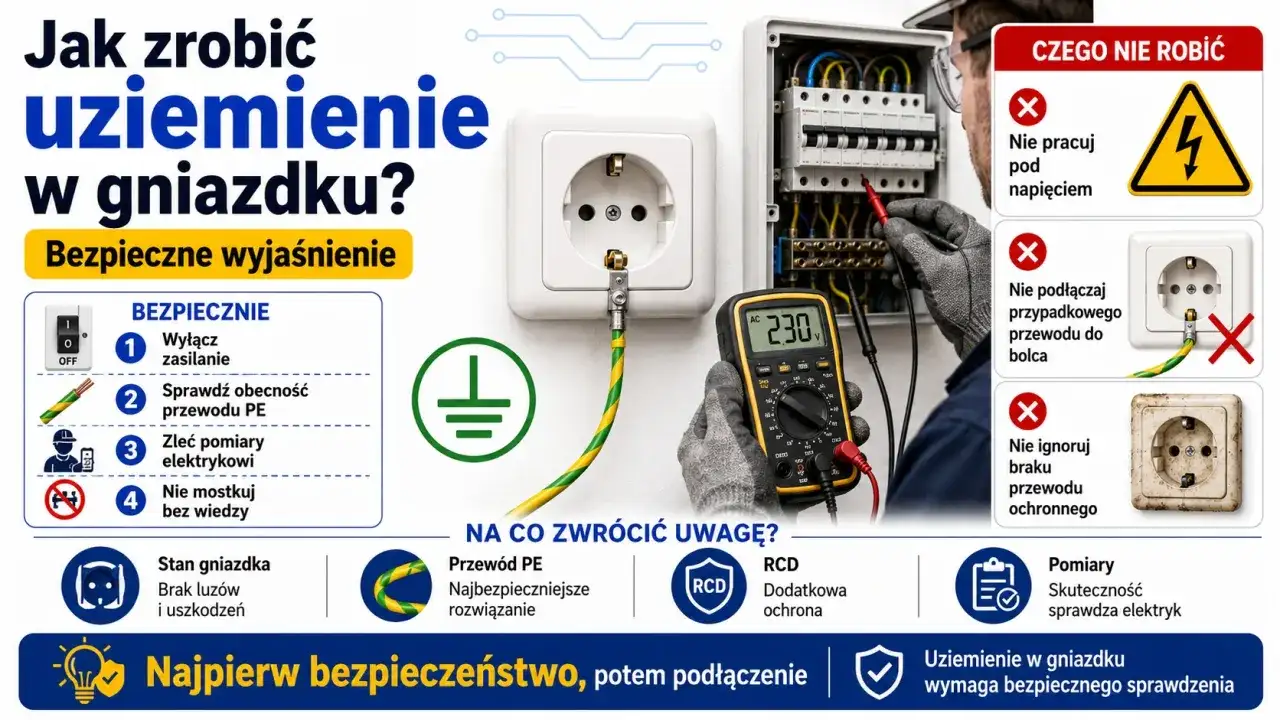 Instrukcja bezpiecznego uziemienia w gniazdku: wyłącz zasilanie, sprawdź przewód PE, zleć pomiary elektrykowi. Nie ignoruj braku przewodu ochronnego.