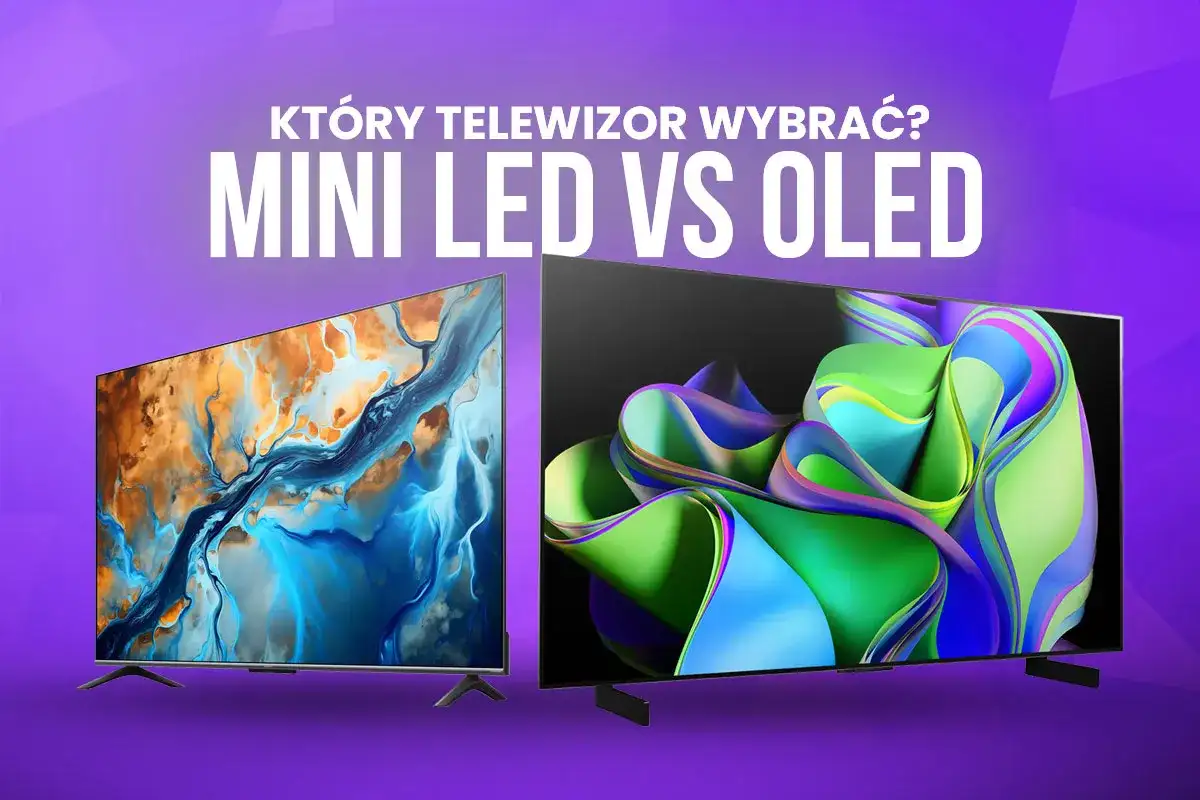 Dwa telewizory, jeden z abstrakcyjnym obrazem w odcieniach niebieskiego i pomarańczowego, drugi z kolorowymi falami. Który wybrać: oled czy mini led?