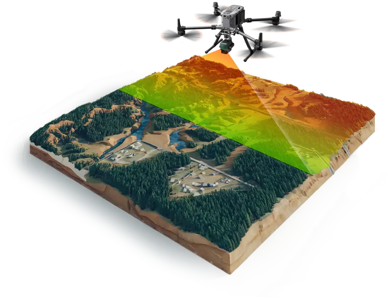 Dron z kamerą skanuje teren, tworząc mapę wysokości. To pokazuje, jak działa lidar.