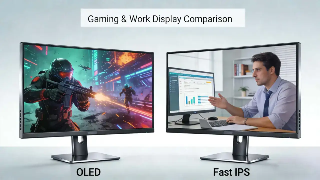 Porównanie monitorów: po lewej OLED z grą akcji, po prawej Fast IPS z pracą biurową.