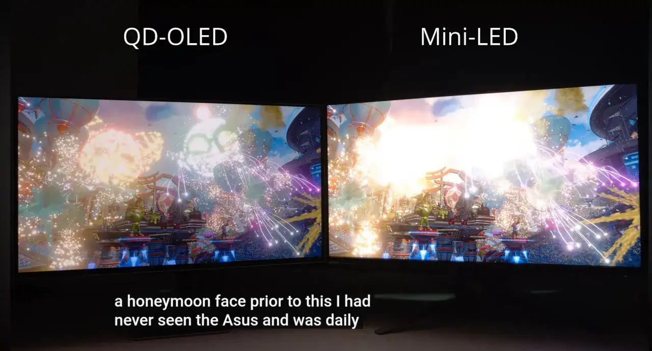 Porównanie ekranów QD-OLED i Mini-LED z wybuchem fajerwerków.