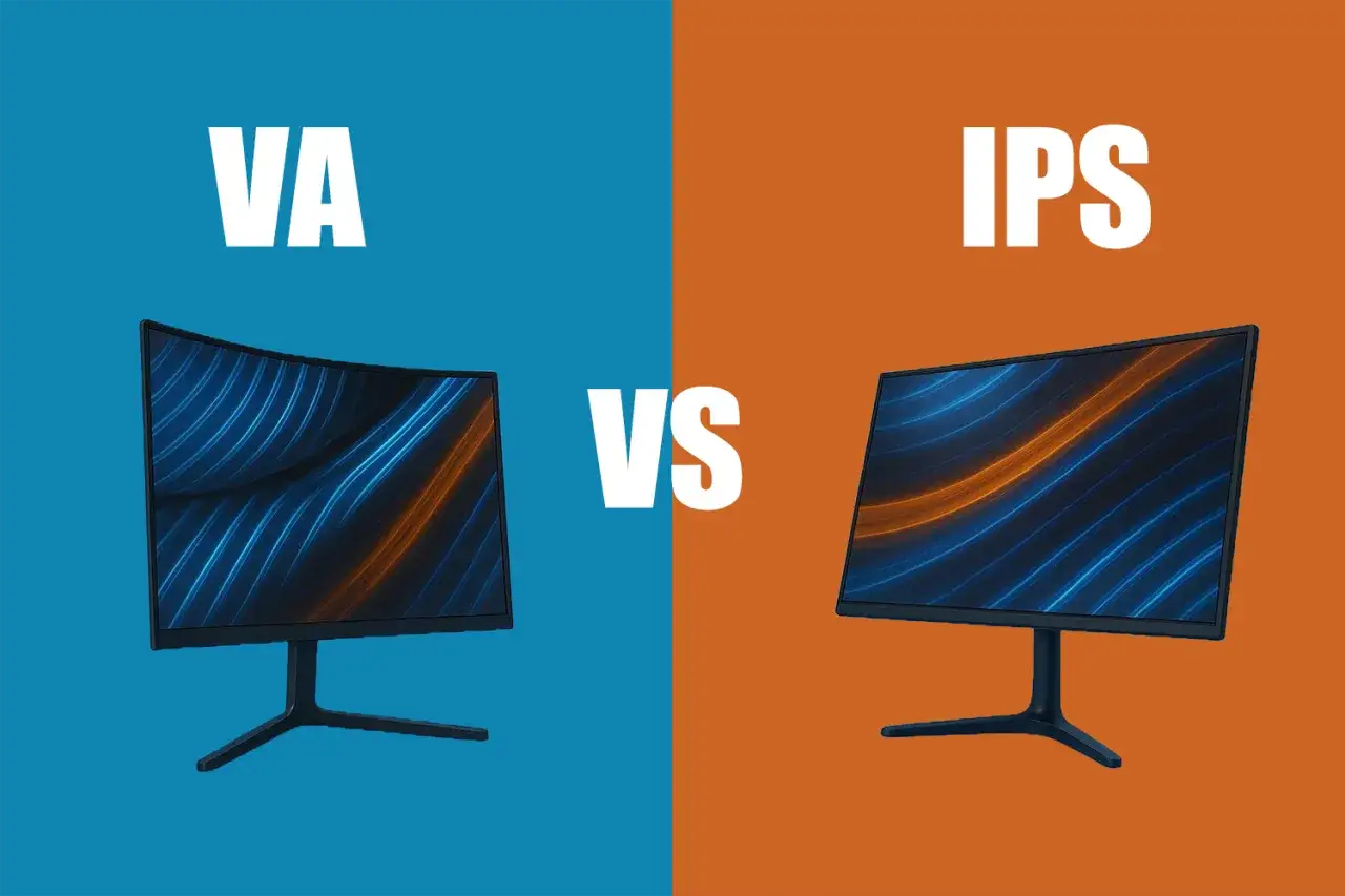 Porównanie monitorów VA i IPS. Po lewej zakrzywiony ekran VA, po prawej prosty ekran IPS, oba z podobnym wzorem.