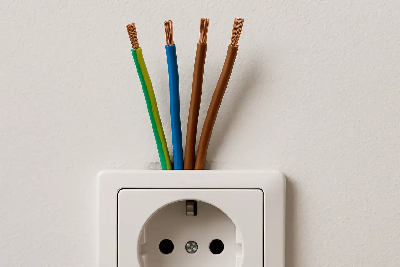 Cztery przewody wychodzące z białego gniazdka elektrycznego. Zastanawiasz się, jaki kabel do gniazdek? Zielono-żółty, niebieski i dwa brązowe.
