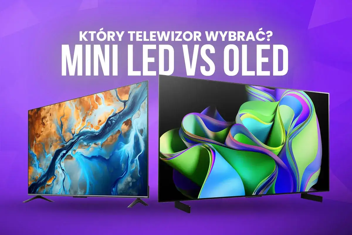 Dwa telewizory, jeden z abstrakcyjnym obrazem w odcieniach niebieskiego i pomarańczowego, drugi z kolorowymi, falującymi kształtami. Który wybrać: oled czy mini led?