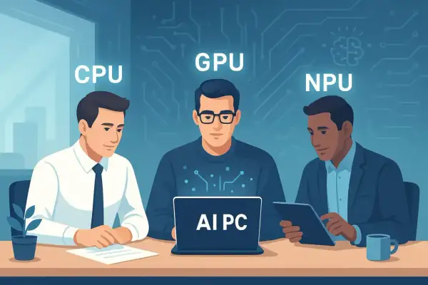 Trzech mężczyzn przy stole, symbolizujących CPU, GPU i NPU, pracuje nad AI PC.