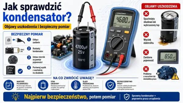 Jak sprawdzić kondensator? Ilustracja pokazuje multimetr mierzący pojemność kondensatora, obok schemat bezpiecznego pomiaru i objawy uszkodzeń.
