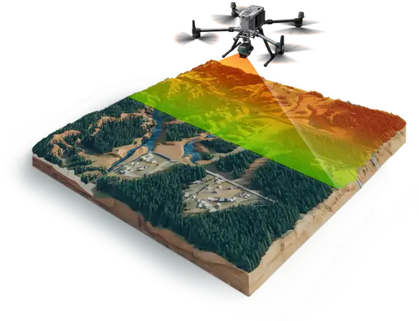 Dron z kamerą skanuje teren, tworząc mapę wysokości. To pokazuje, jak działa lidar.