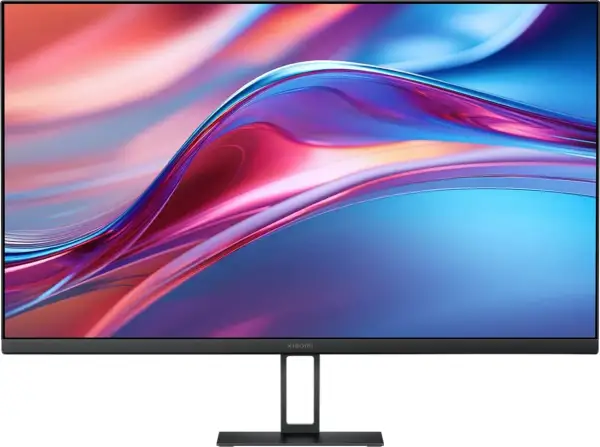 Monitor Xiaomi z ekranem 2k rozdzielczość, wyświetlający abstrakcyjny wzór w odcieniach niebieskiego, różowego i czerwonego.