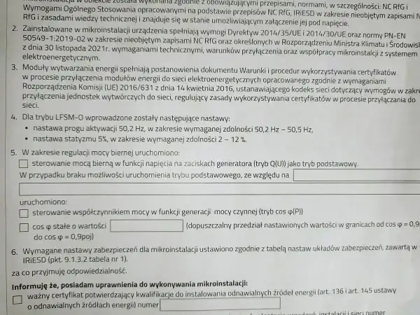 Dokumentacja techniczna do zgłoszenia mikroinstalacji Tauron. Opisuje wymagania i nastawy urządzeń.