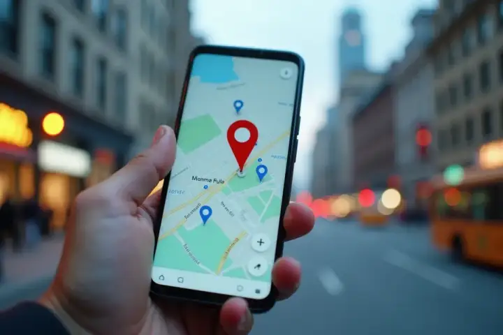 Dłoń trzyma smartfon z mapą i czerwoną pinezką. Dowiedz się, jak wysłać pinezkę, aby udostępnić lokalizację.