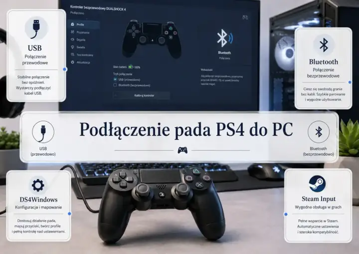 Jak podłączyć pada PS4 do PC: przewodowo przez USB dla stabilności lub bezprzewodowo przez Bluetooth. DS4Windows i Steam Input ułatwiają konfigurację.